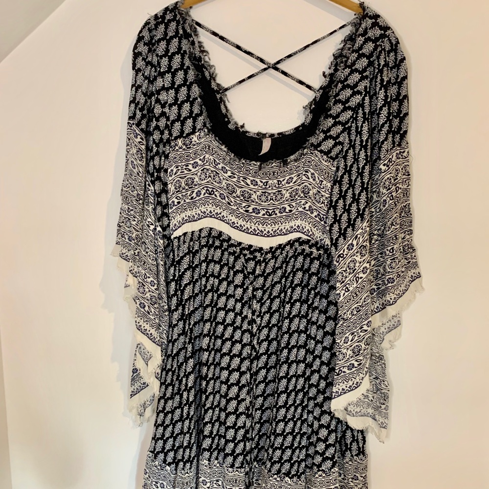 Free People “Heart of Gold” Navy and White Boho Print Mini Dress - Picture 8 of 10